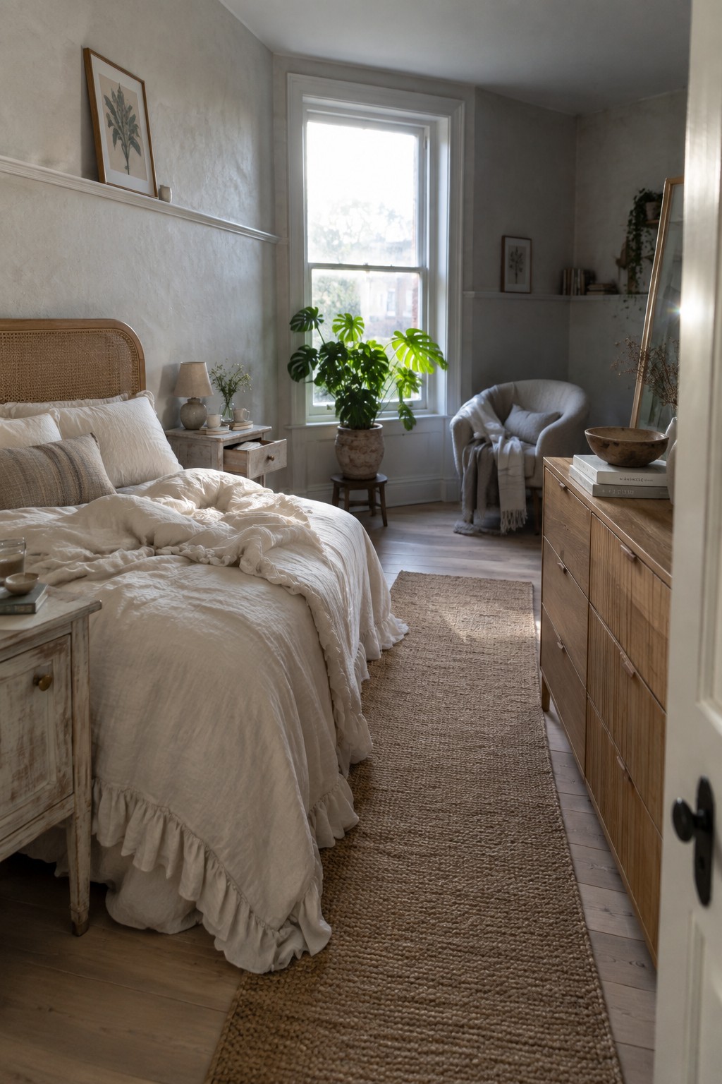 A bedroom with white rumpled bedding on a wooden bed, a tall window with several large potted monstera plants in front of it, and a wooden dresser on the right side.