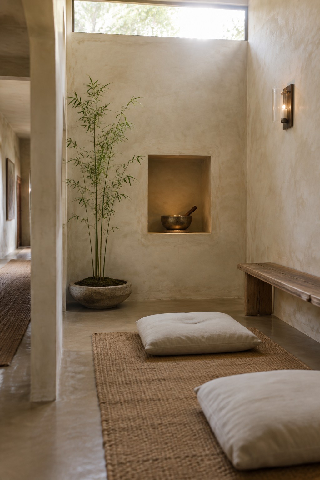 A minimalist concrete interior with a tall potted bamboo plant under a high window, two white cushions on a woven rug, a singing bowl in a recessed wall niche, and a wall sconce.