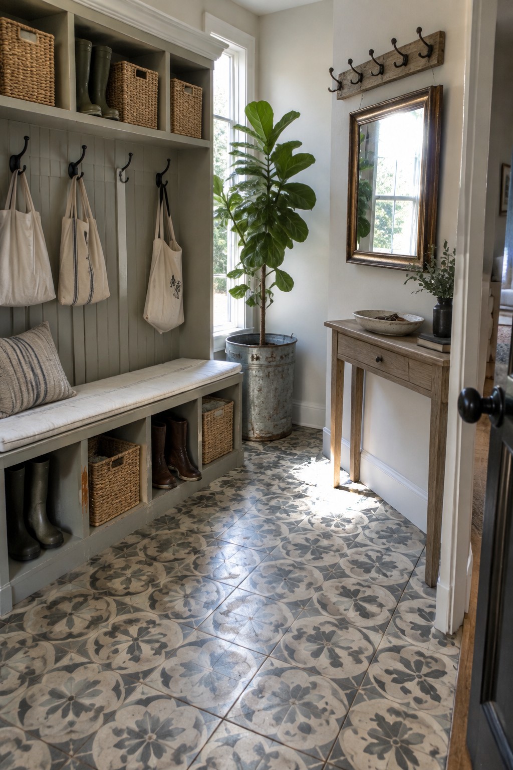 Gray built-in mudroom bench, patterned tile floor, potted fiddle leaf fig, wooden console table