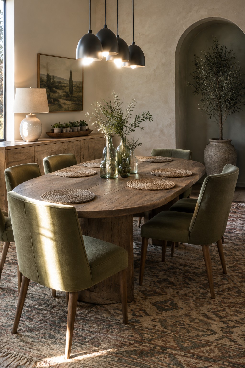 Rustic wooden oval table with green velvet chairs, woven placemats, and black pendants
