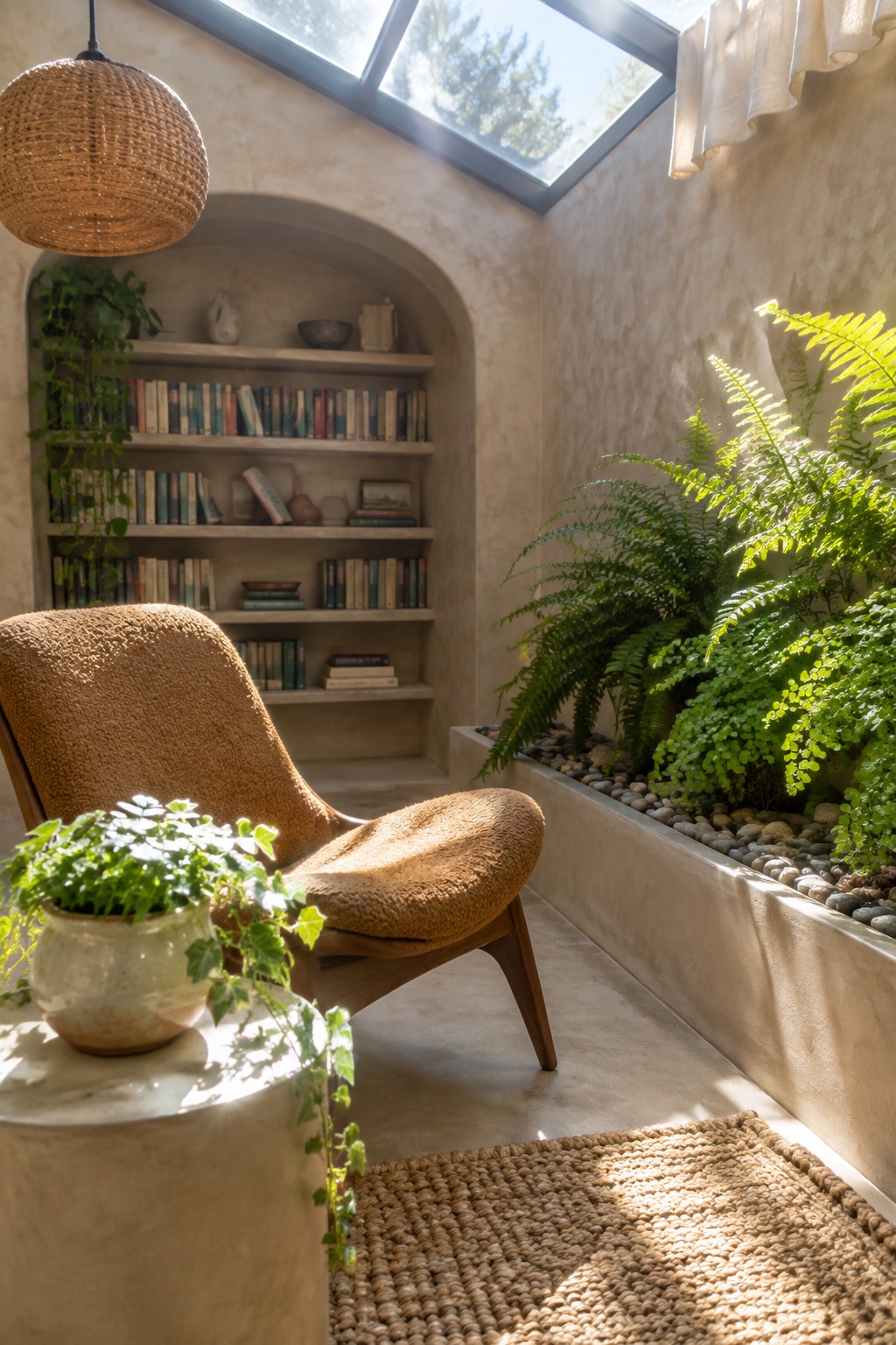 Textured brown armchair in sunlit nook with arched bookshelves, ferns, and woven rug