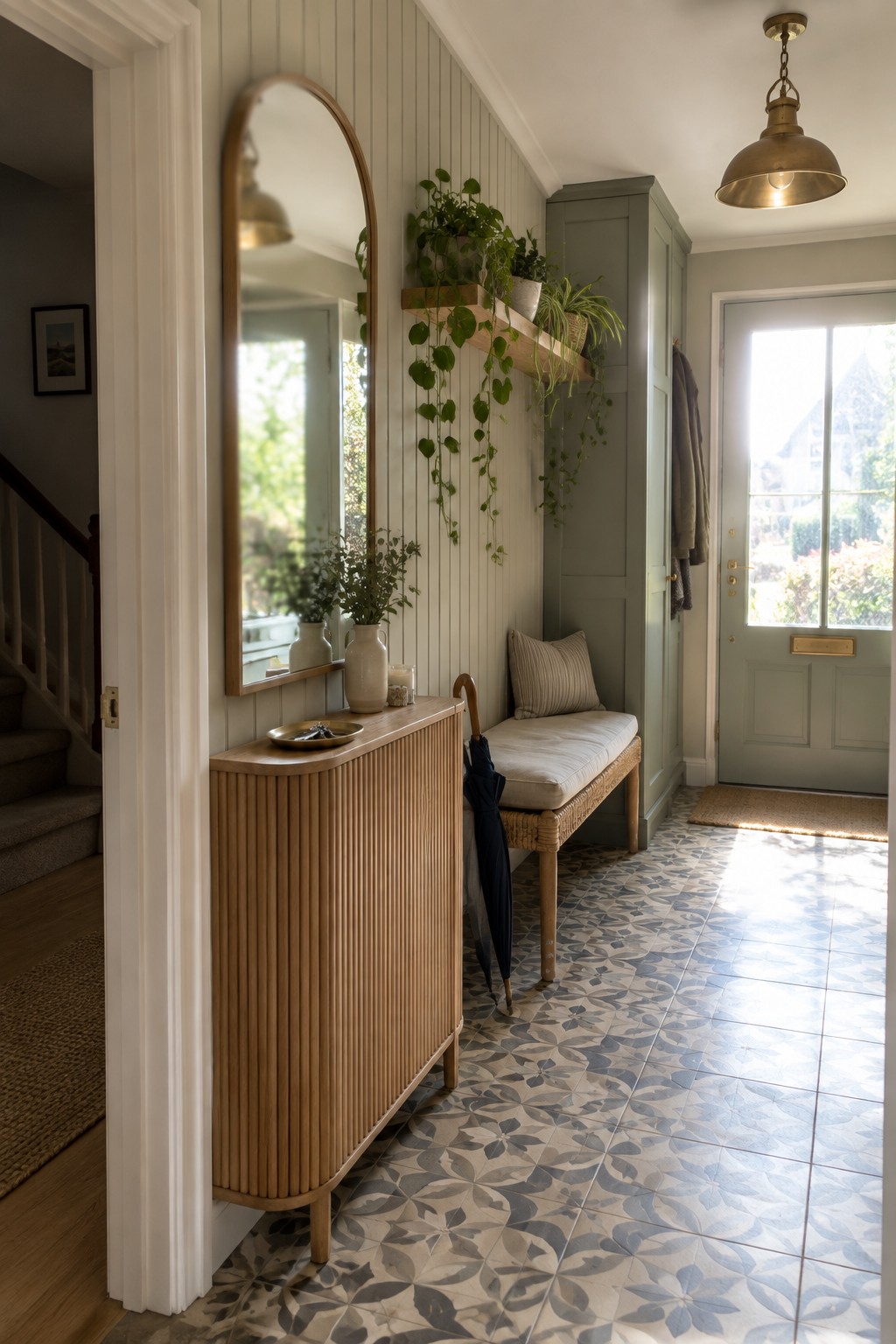 A narrow interior entry hallway featuring a wooden console cabinet, a woven bench with a cushion, an arched mirror on vertical paneling, and multiple potted plants arranged on a wall-mounted wooden shelf above the bench, with a light green door visible at the end of the space.