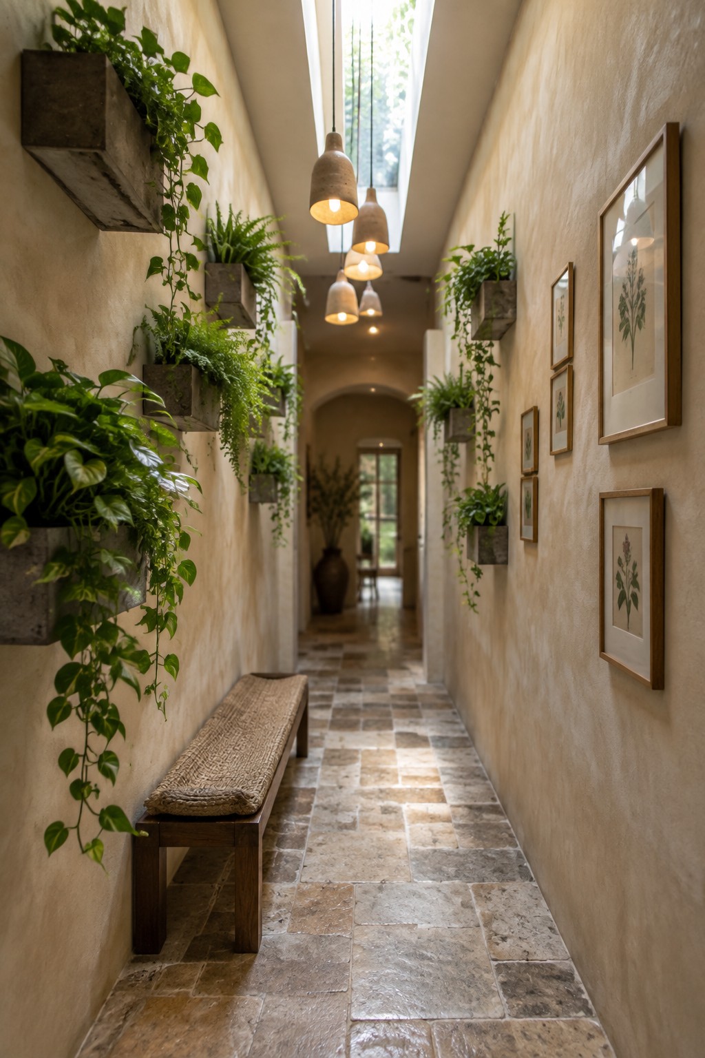 A narrow interior hallway with beige walls lined with concrete wall planters holding green plants, a wooden bench with woven seat on the left, framed botanical prints on the right, stone tile floor, and hanging pendant lights under a skylight.