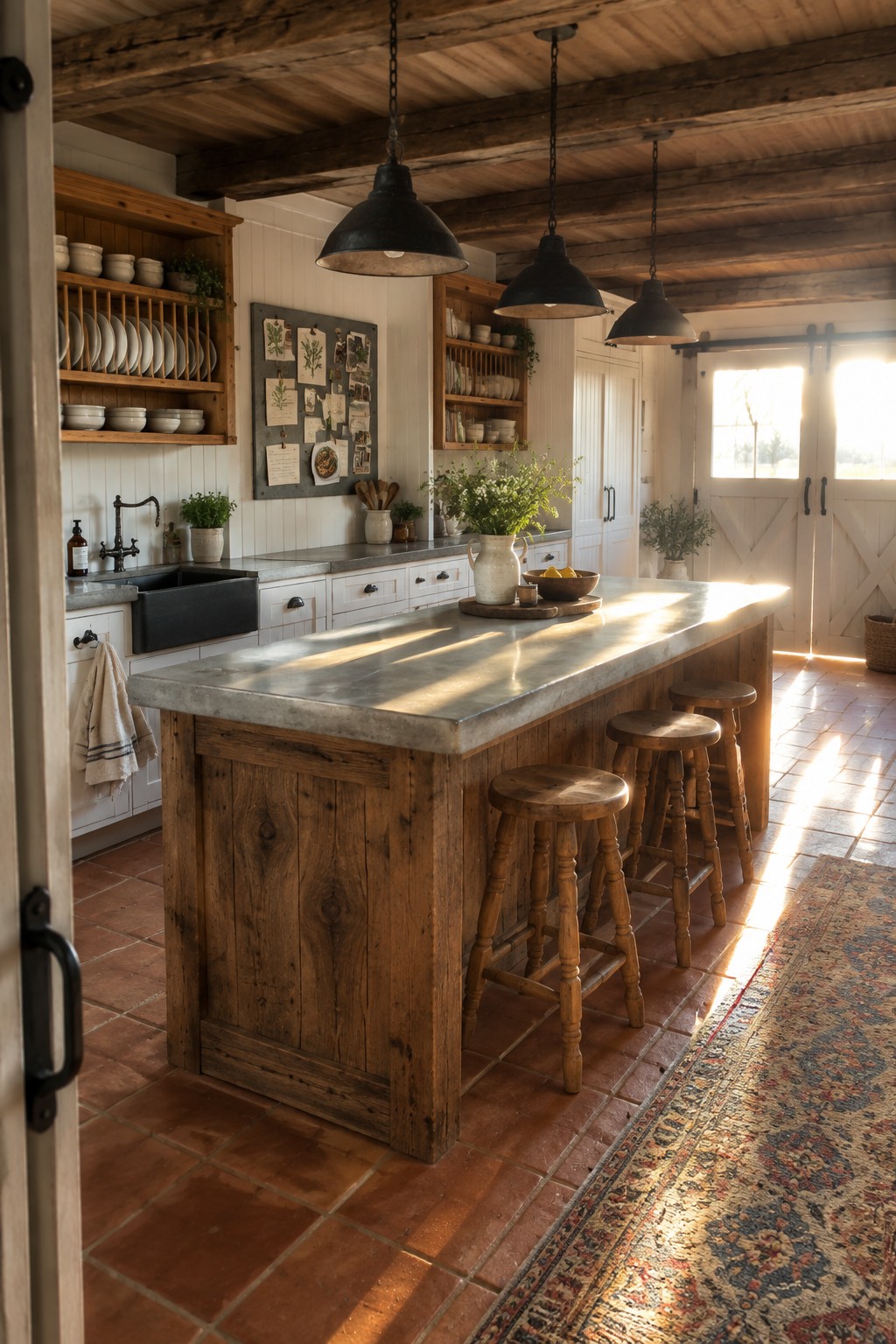 A kitchen interior featuring a large wooden island with a concrete top, three wooden stools, white cabinetry, black farmhouse sink, and black pendant lights over the island.
