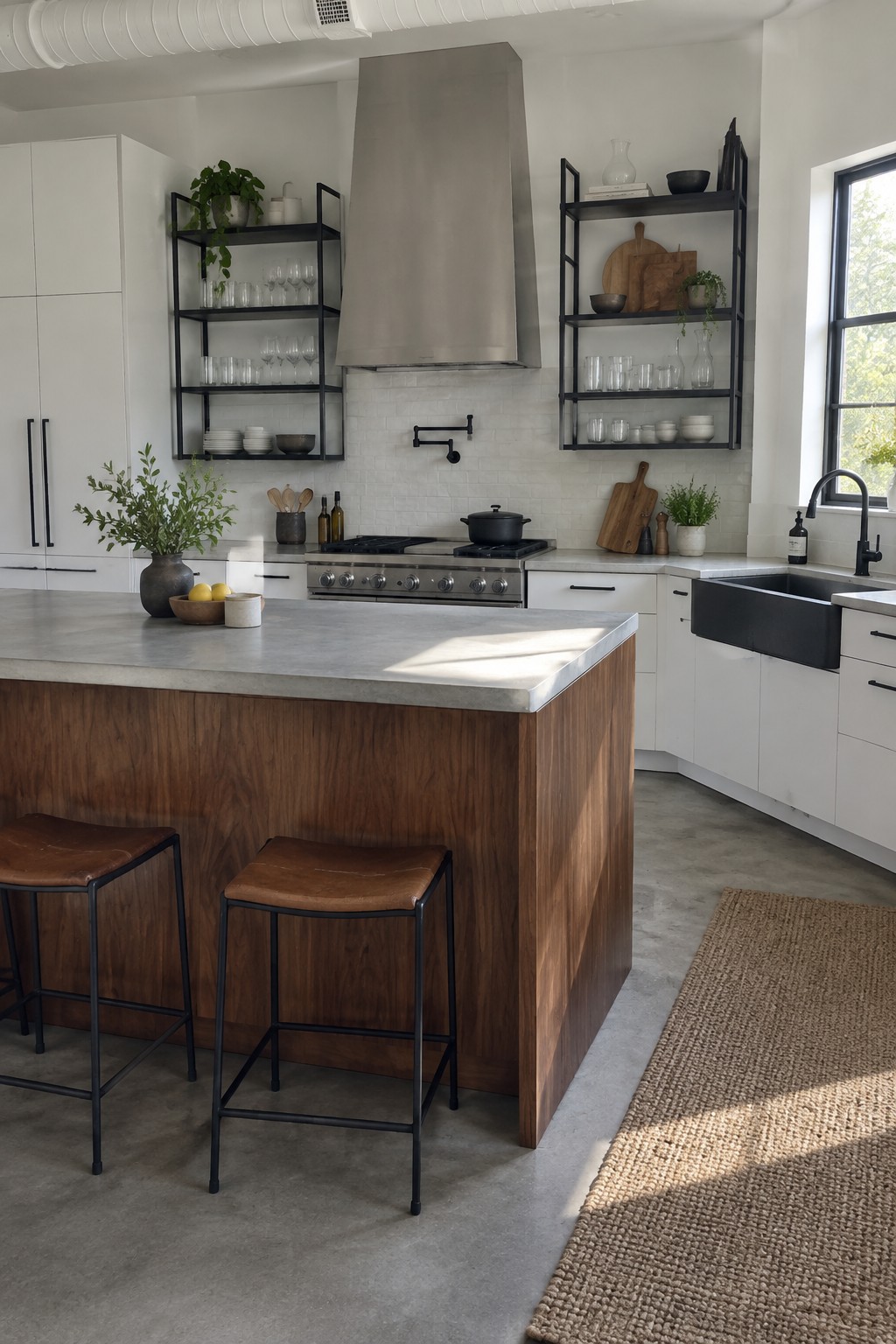 A bright kitchen with white cabinets, a large wood island topped with concrete, two leather stools, black open shelving, and a stainless steel range hood.