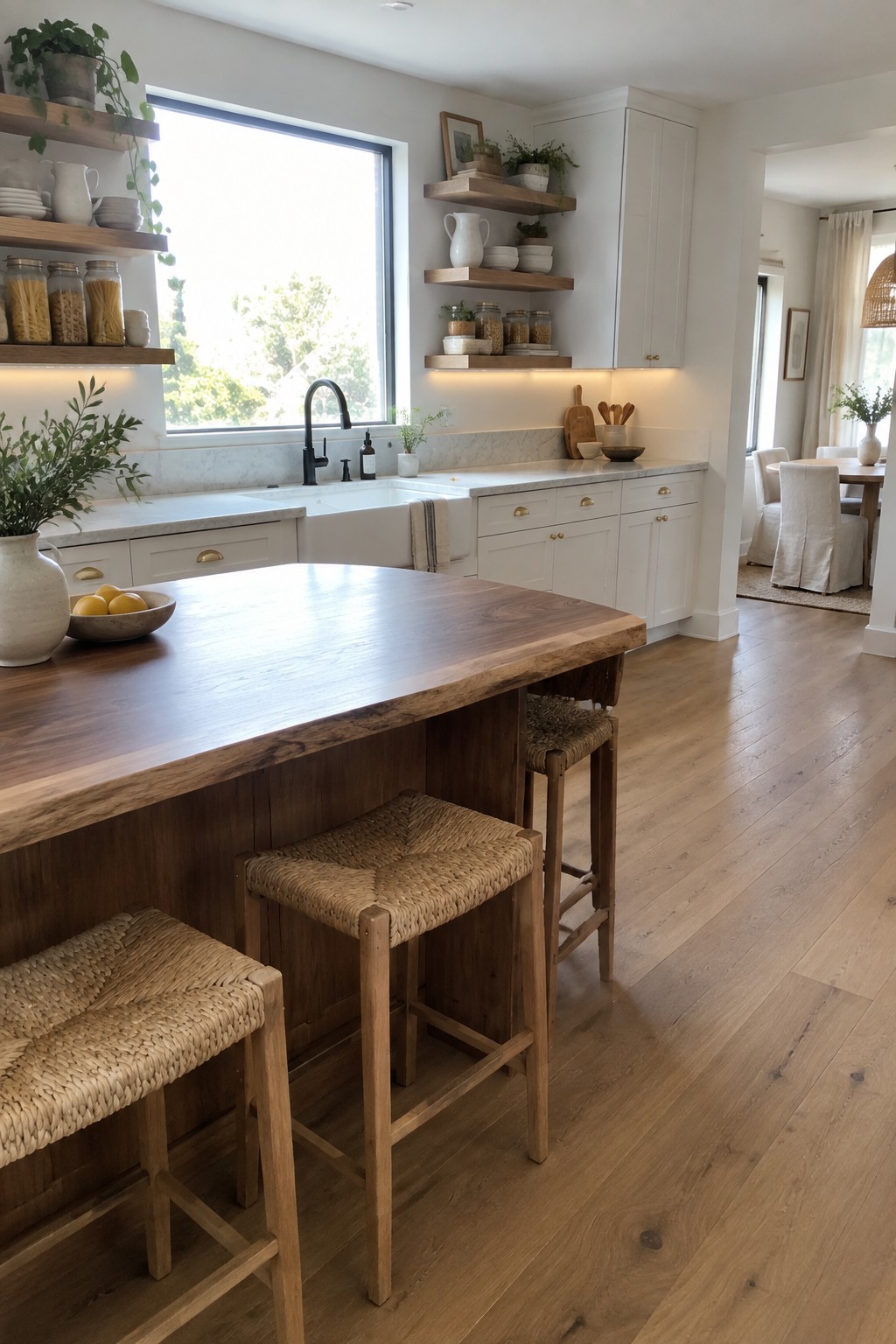 Modern kitchen with walnut island, woven stools, white cabinets, and marble counters