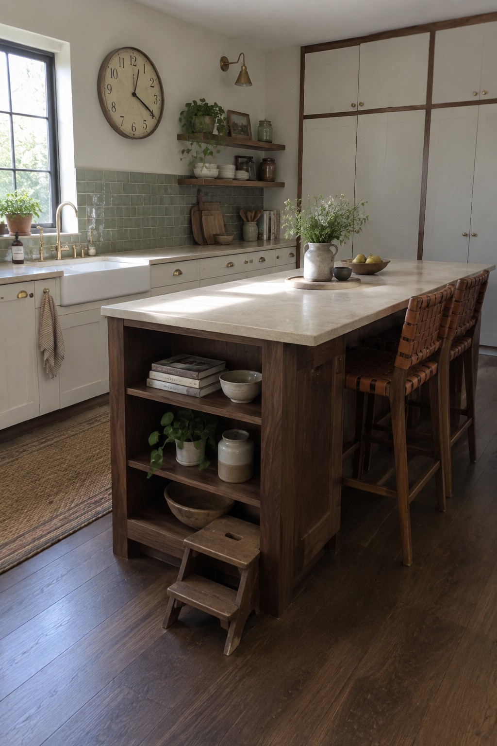 Rustic kitchen with marble island, open wooden shelves, and woven leather stools.