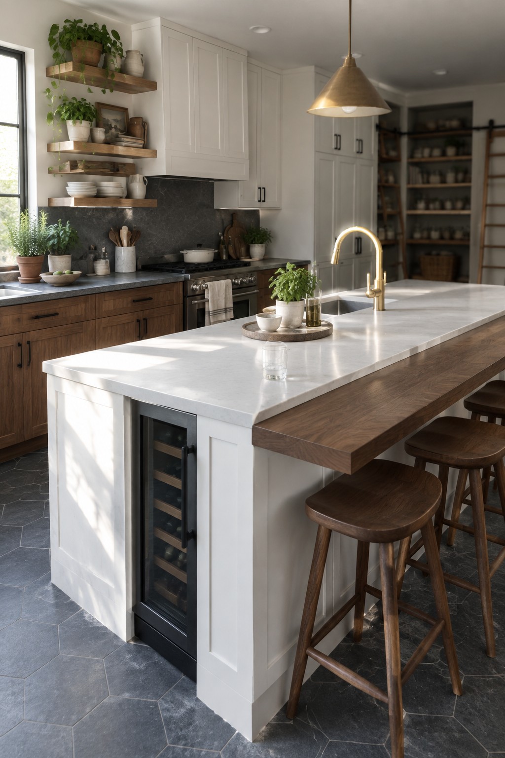 A bright kitchen with a white island, marble countertop, brass faucet, four wooden bar stools, and a built-in wine cooler under the island.