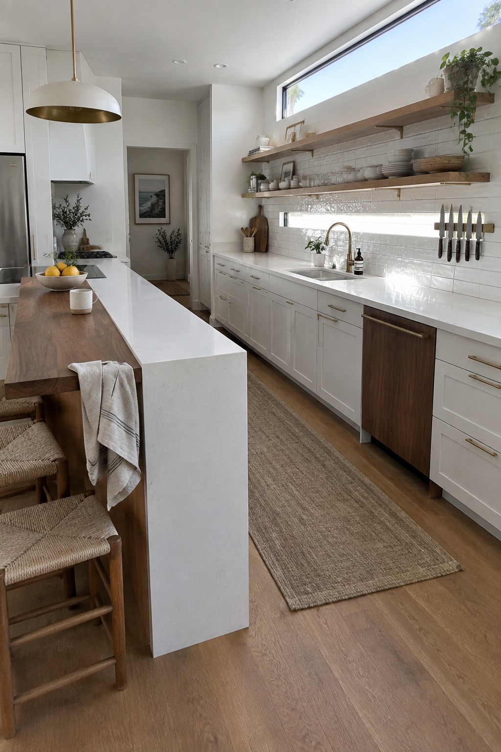 A bright kitchen with white cabinets, a wood-topped island, woven stools, and open wooden shelves above a white tile backsplash.
