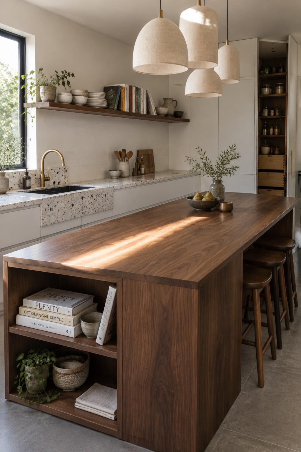 A kitchen with white cabinets and a large dark wood island, open shelving below, and three pendant lights hanging above.