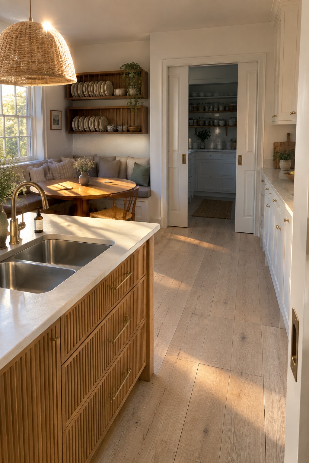 A bright kitchen with white cabinets, a wood island featuring a double sink, a round wood dining table, open wood shelves, and a built-in bench seating area.