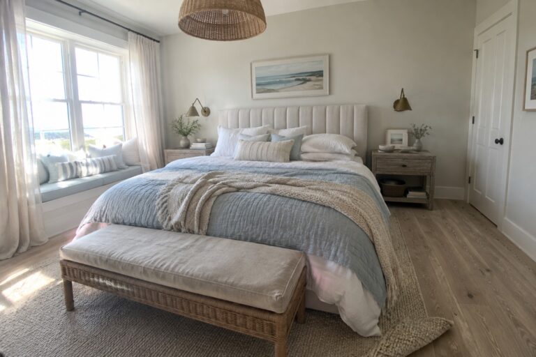 24 Beautiful Bedroom Design Ideas for Layered Textiles and Upholstered Details A bright bedroom featuring a bed with layered white and light blue textiles, an upholstered headboard, a woven bench at the foot, and a window seat with cushions on the left.