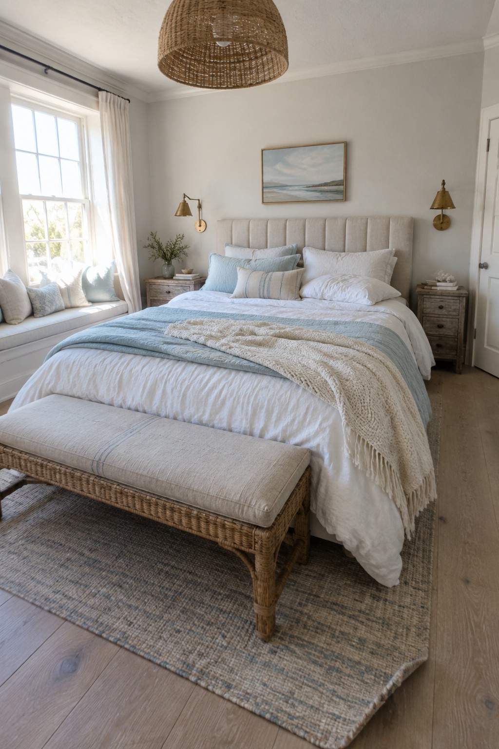 A bright bedroom featuring a bed with layered white and light blue textiles, an upholstered headboard, a woven bench at the foot, and a window seat with cushions on the left.