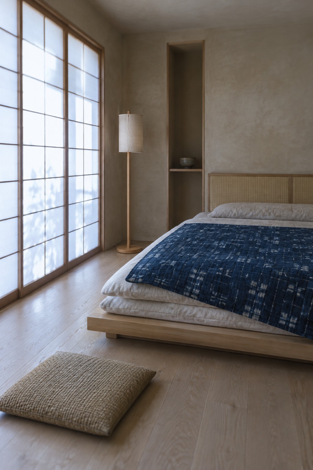 Minimalist Japanese bedroom with low wooden bed, blue quilt, shoji screens, and woven cushion.