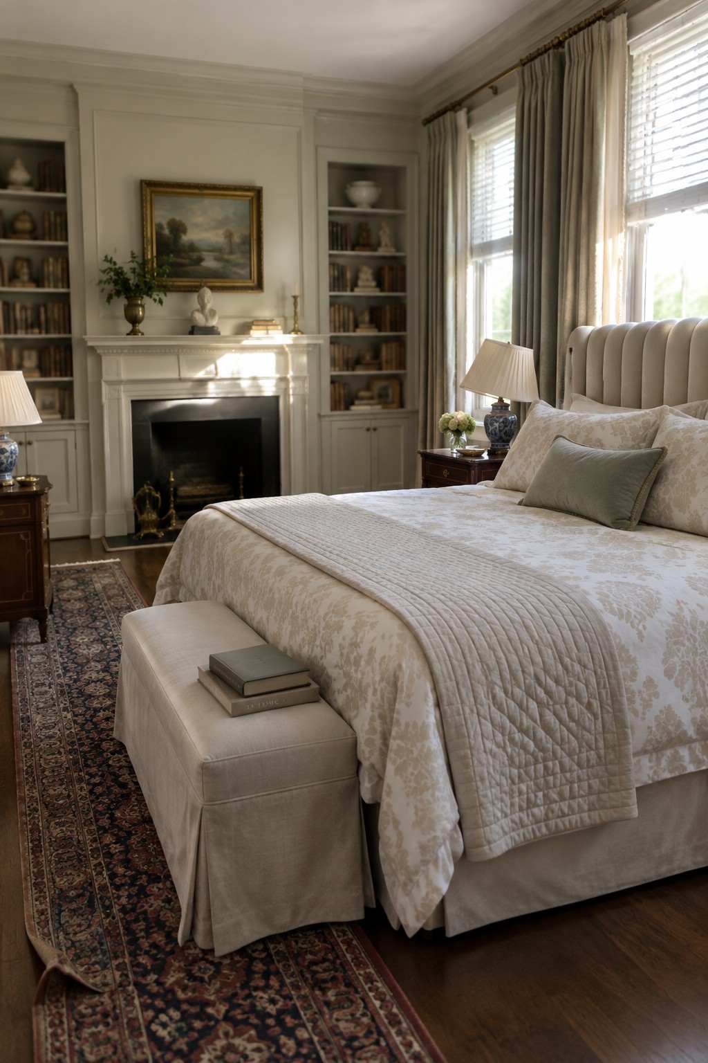 A bedroom featuring a large bed with a tufted upholstered headboard, patterned bedding in neutral tones, a bench at the foot holding stacked books, built-in bookshelves flanking a fireplace, and windows with curtains on the right.