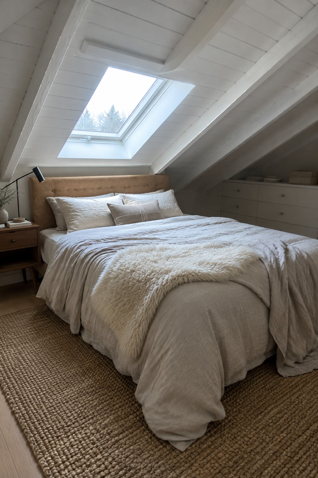 A bedroom featuring a bed with layered beige linens and a fluffy throw, set against a tufted upholstered headboard beneath a skylight.