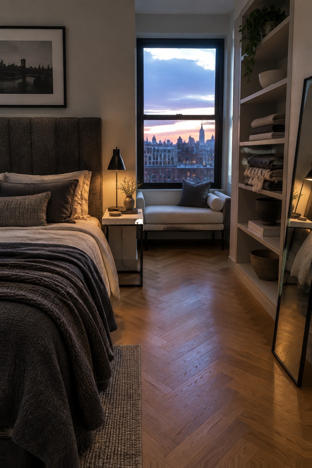 A bedroom with a dark upholstered headboard, layered neutral bedding and throws, a light-colored upholstered bench under a large window with a city skyline view, and tall open shelving holding folded textiles.