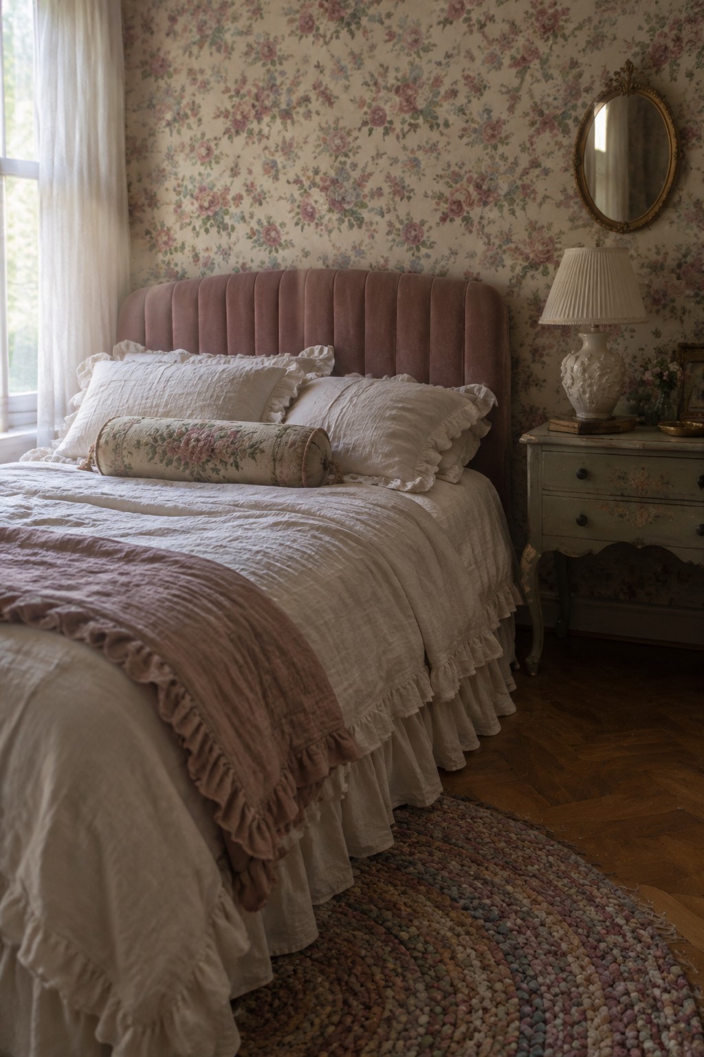 Romantic bedroom with pink velvet headboard, white ruffled linens, and braided rug.