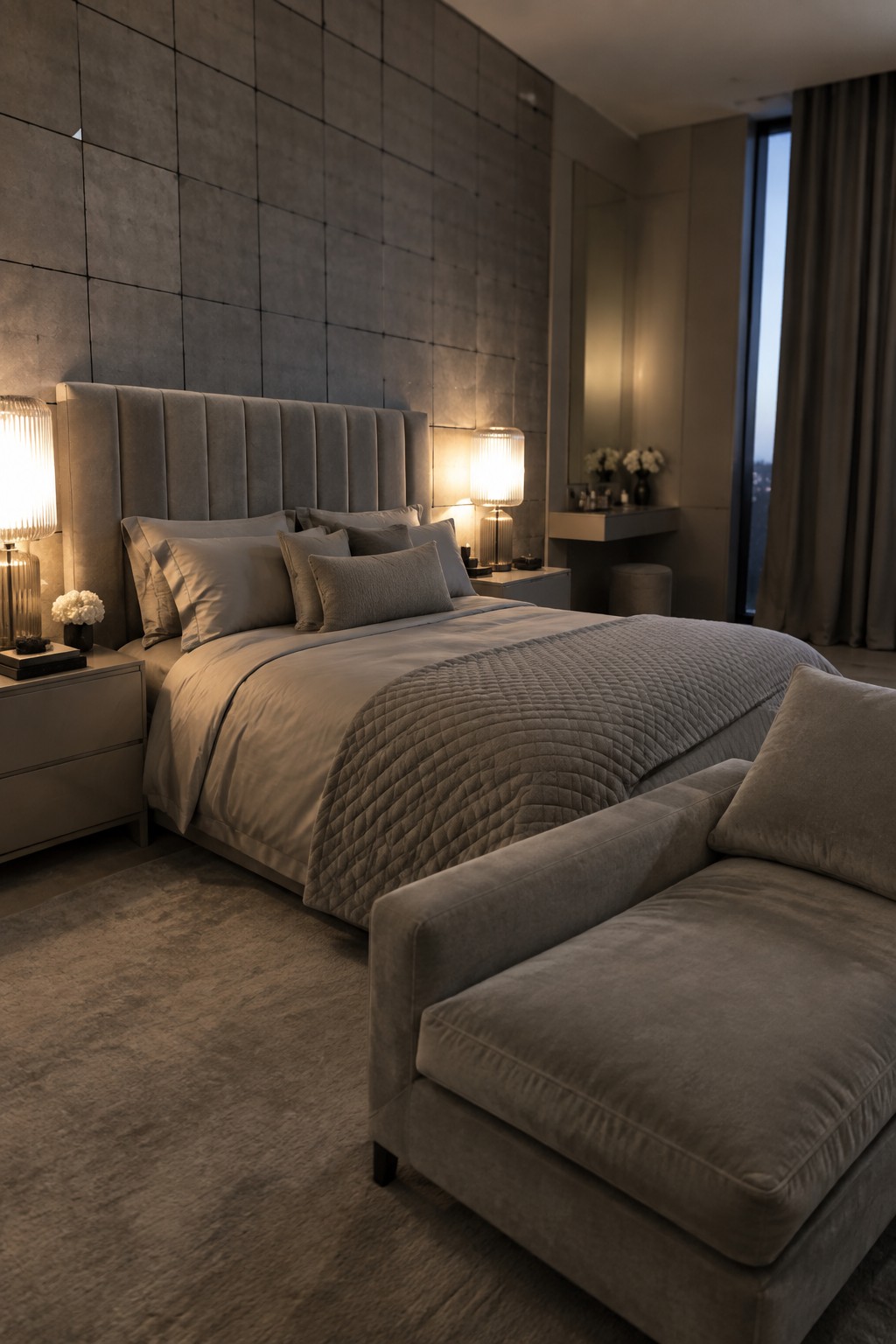 Modern gray bedroom with upholstered bed, quilted bedding, lamps, and velvet chaise