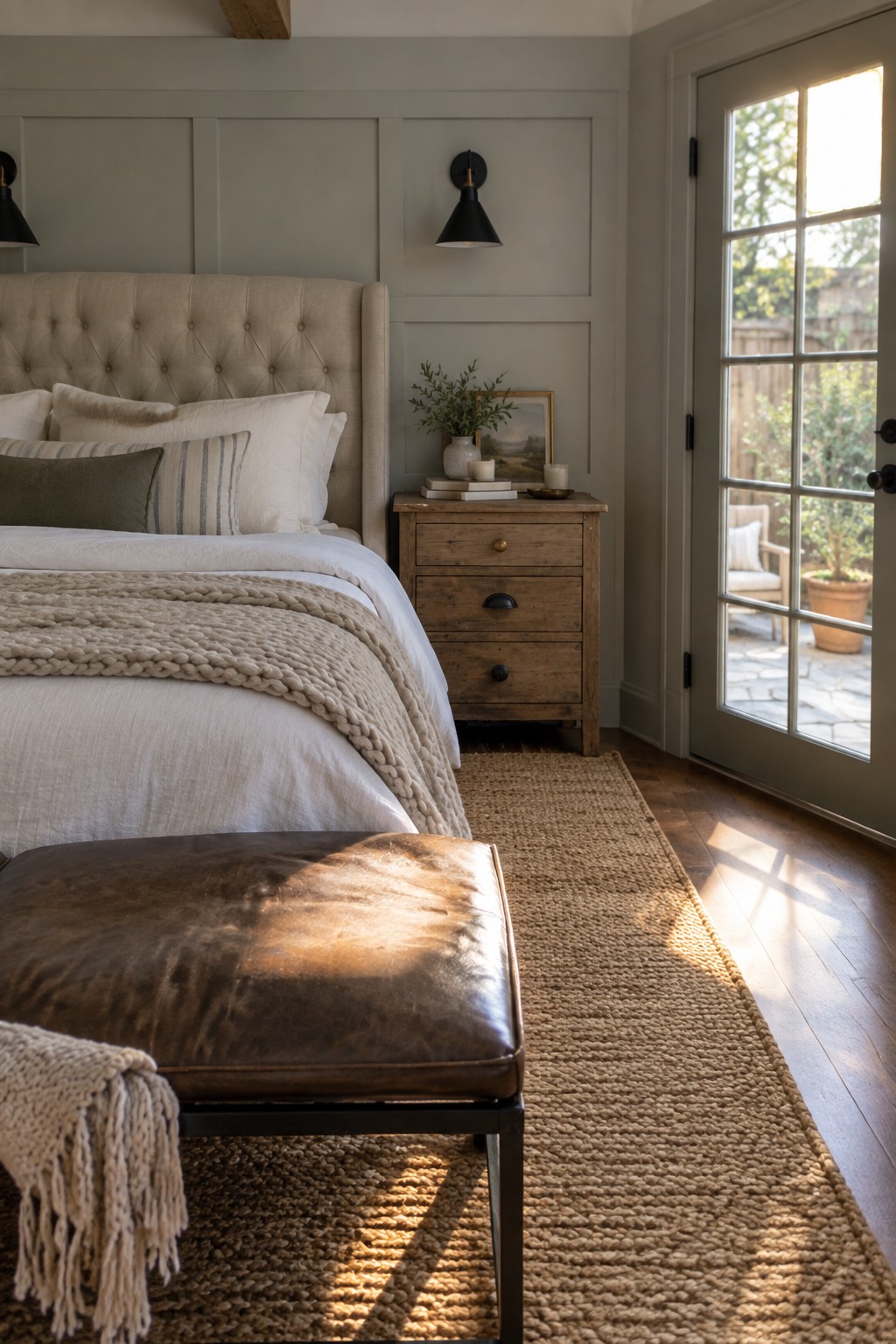 Cozy neutral bedroom with tufted bed, wooden nightstand, leather bench, and jute rug.