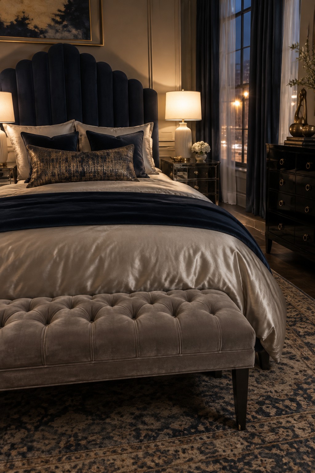 A bedroom with a navy velvet scalloped headboard, layered beige and navy bedding, assorted pillows, and a gray tufted velvet bench at the foot of the bed.