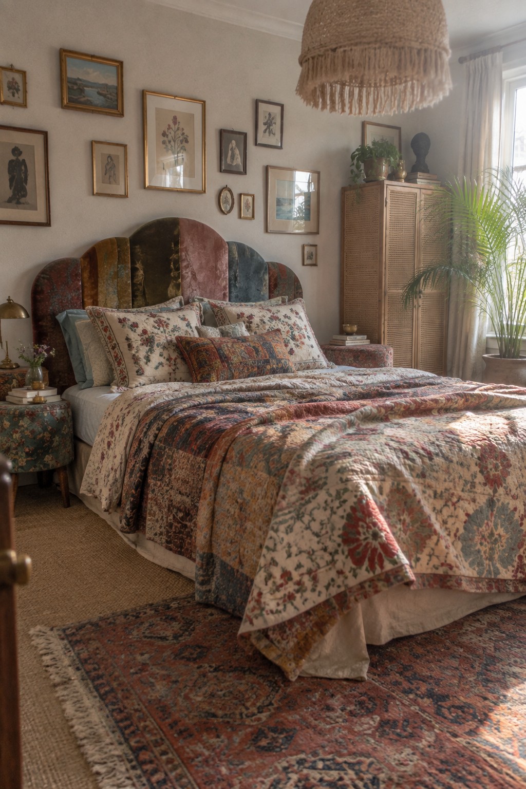A bedroom featuring a multi-colored upholstered headboard, layered patterned pillows, and a large floral patchwork quilt on the bed.