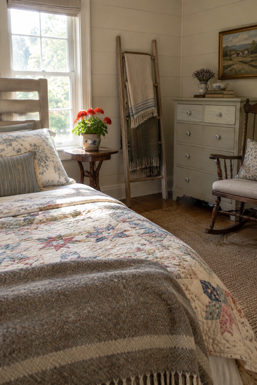 A bedroom scene showing a bed with a patchwork quilt and a striped throw blanket at the foot, positioned near a window with a small side table holding a potted plant.
