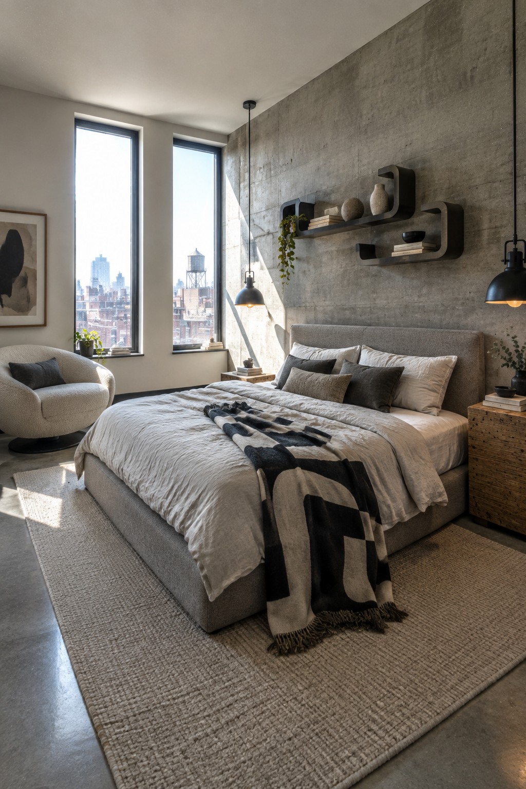 Modern bedroom with gray bed, concrete wall, floating shelves, and city windows