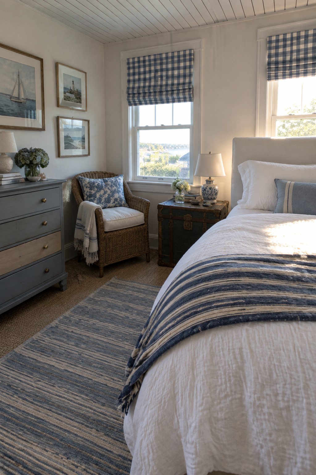 Cozy bedroom with white bed, blue striped blanket, wicker chair, gray dresser, and checkered blinds.