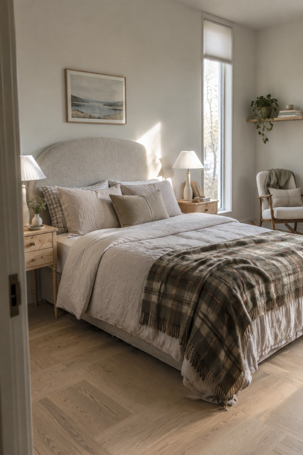 A bedroom with a large upholstered headboard, layered neutral bedding, multiple pillows, and a plaid throw blanket on the bed.