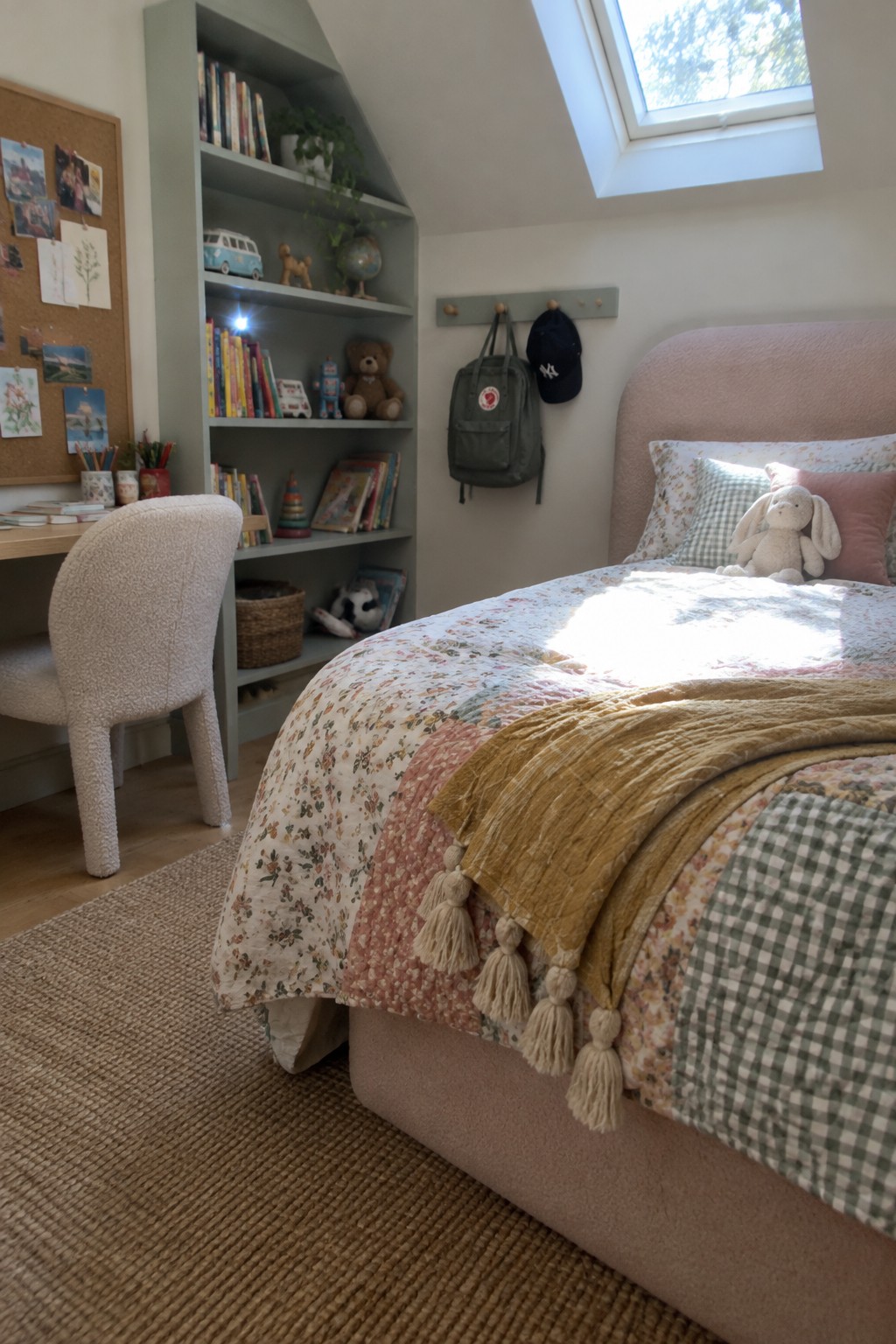 A bedroom corner showing a bed with a floral patchwork quilt, a mustard throw with tassels, and an upholstered pink headboard, beside a built-in bookshelf and a desk with a bouclé chair.