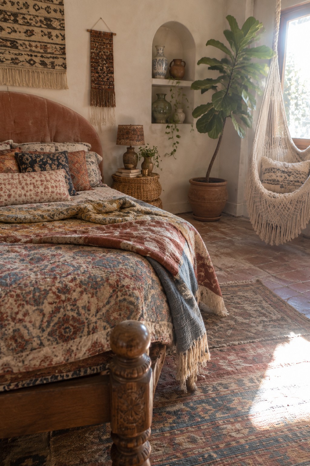 A bedroom featuring a rust-colored upholstered headboard, layered patterned bedding and throws, a woven rug on terracotta tile, and a macrame hanging chair beside a potted plant.