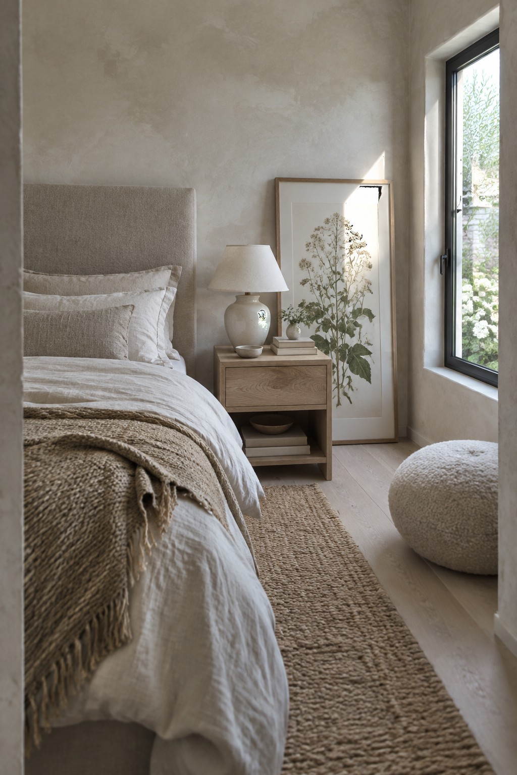 Minimalist bedroom with linen-draped bed, oak nightstand, botanical print, jute rug, and bouclé pouf.