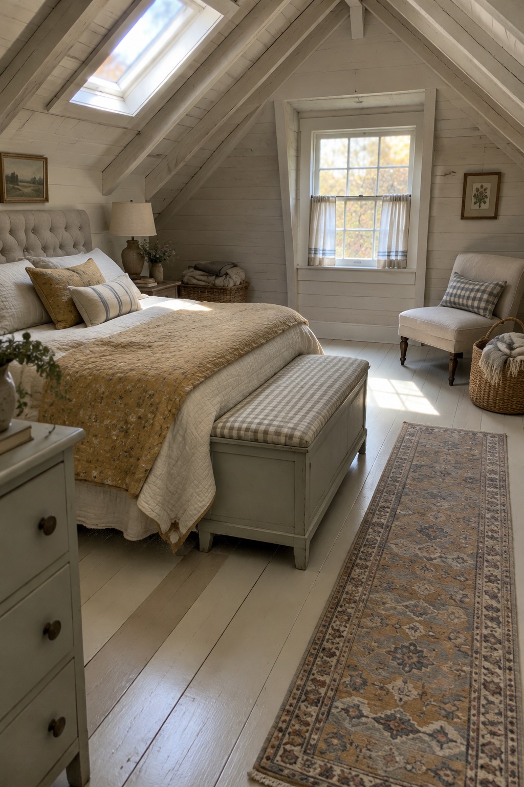 Cozy white attic bedroom with floral quilt, gingham bench, skylight, and autumn window view