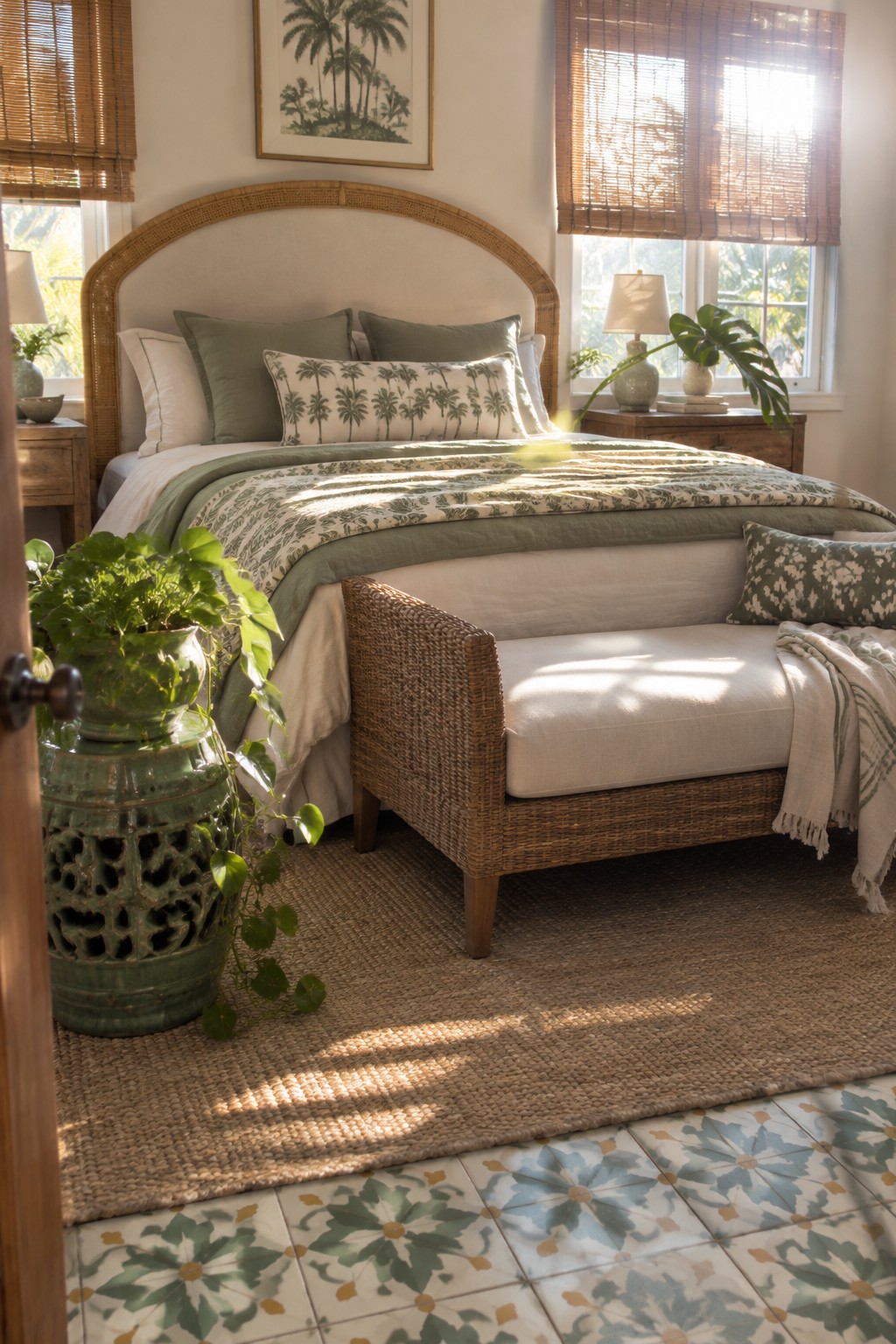 Sunlit bedroom with rattan headboard, green palm-patterned bedding, woven bench, and floral tiles