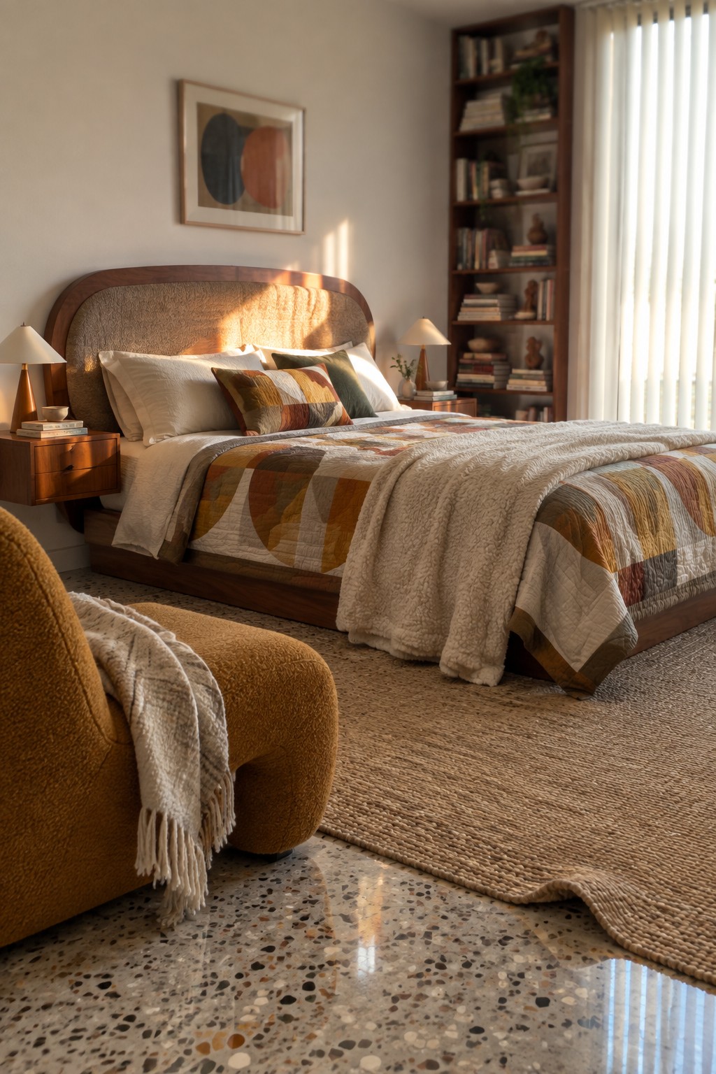 A bedroom with a curved upholstered headboard on a wooden bed frame, layered quilts and pillows, a woven rug on terrazzo flooring, and a bookshelf in the background.