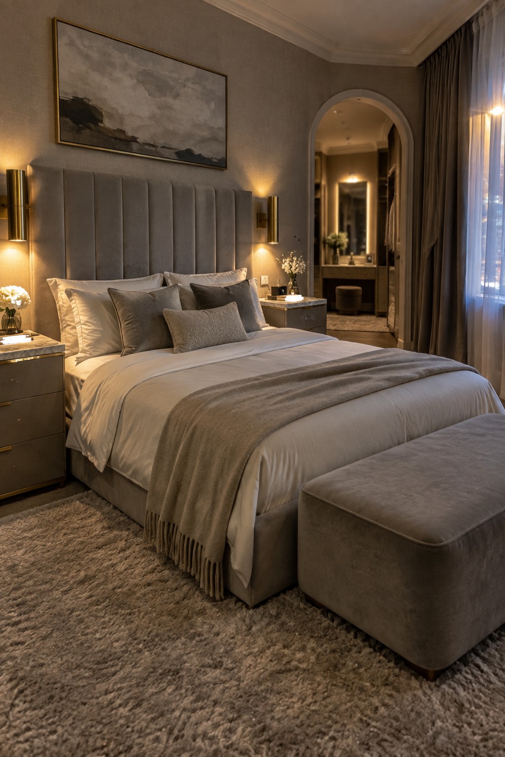 Luxurious bedroom with gray velvet bed, white linens, fringed throw, marble nightstands, and arched doorway.