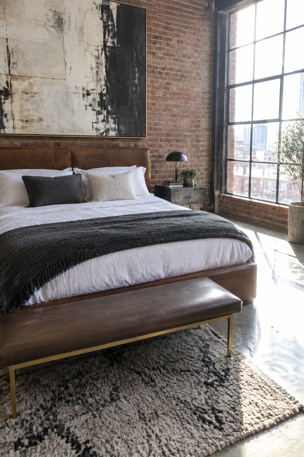Loft bedroom with brown leather bed, white linens, abstract art on brick wall