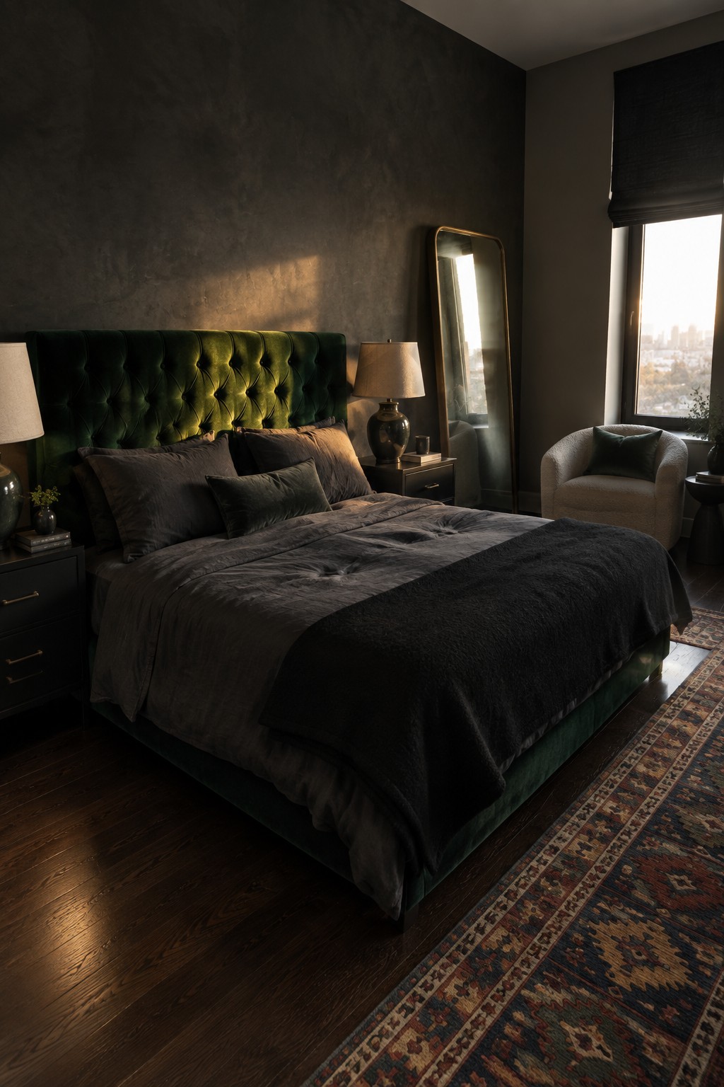 A bedroom featuring a large green tufted velvet headboard, dark layered bedding, black nightstands, a full-length mirror, and a colorful patterned rug on dark wood flooring.