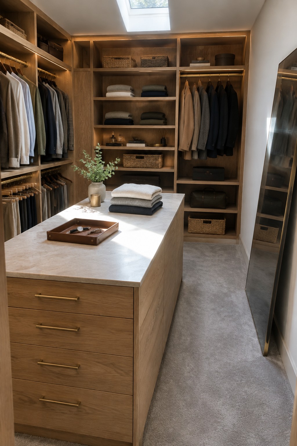 A walk-in closet featuring light wood cabinetry, a central island with a light stone top holding folded clothes and a tray, and hanging rods on both sides.