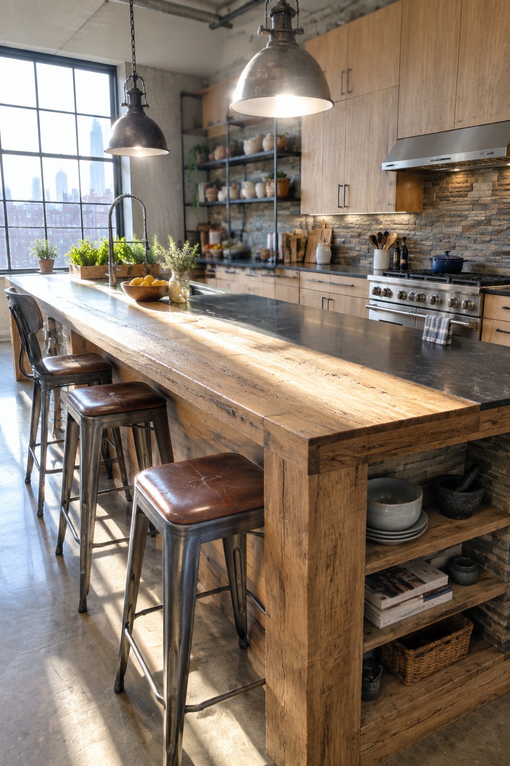 Rustic wooden kitchen island with three leather stools and pendant lights.