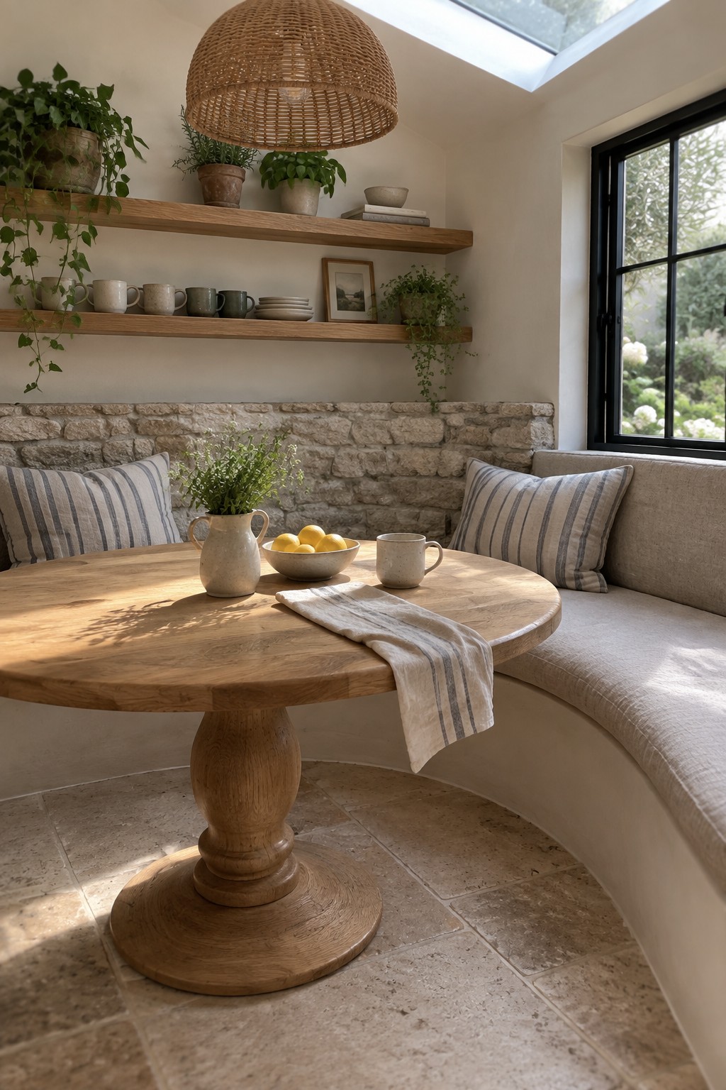 Round wooden table with lemons in bright nook with built-in bench, stone wall, and shelves