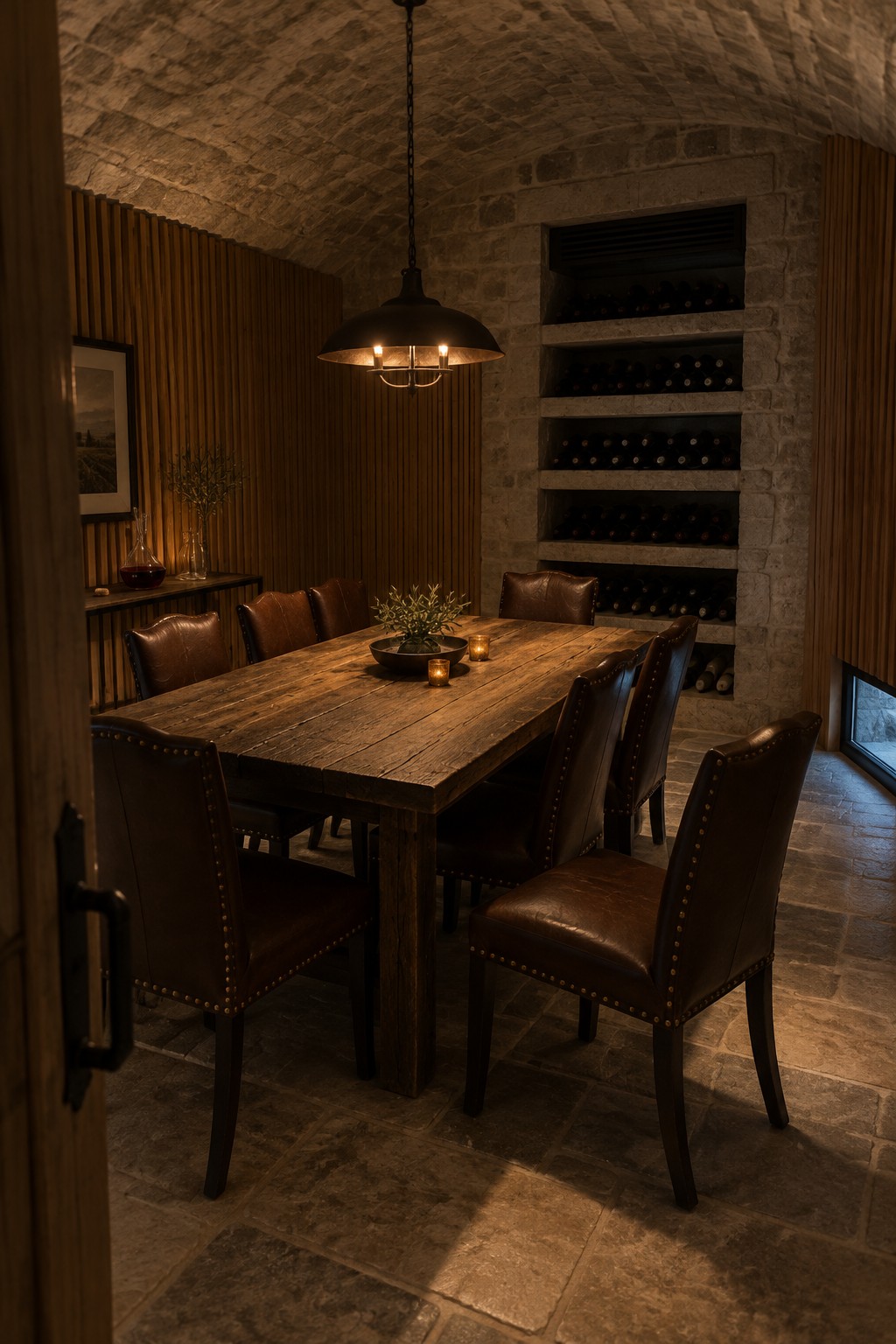A dining room with a long wooden table, brown leather chairs, stone walls with built-in wine racks, and a black pendant light overhead.