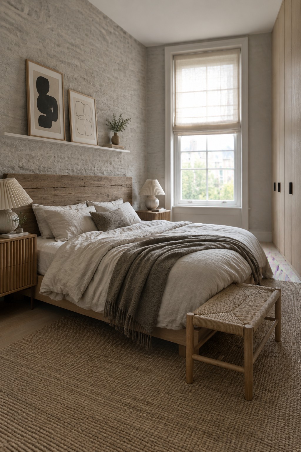 A bedroom featuring a wooden bed with neutral linens, a woven bench at the foot, framed art on a stone wall, and a large window with a rolled shade.