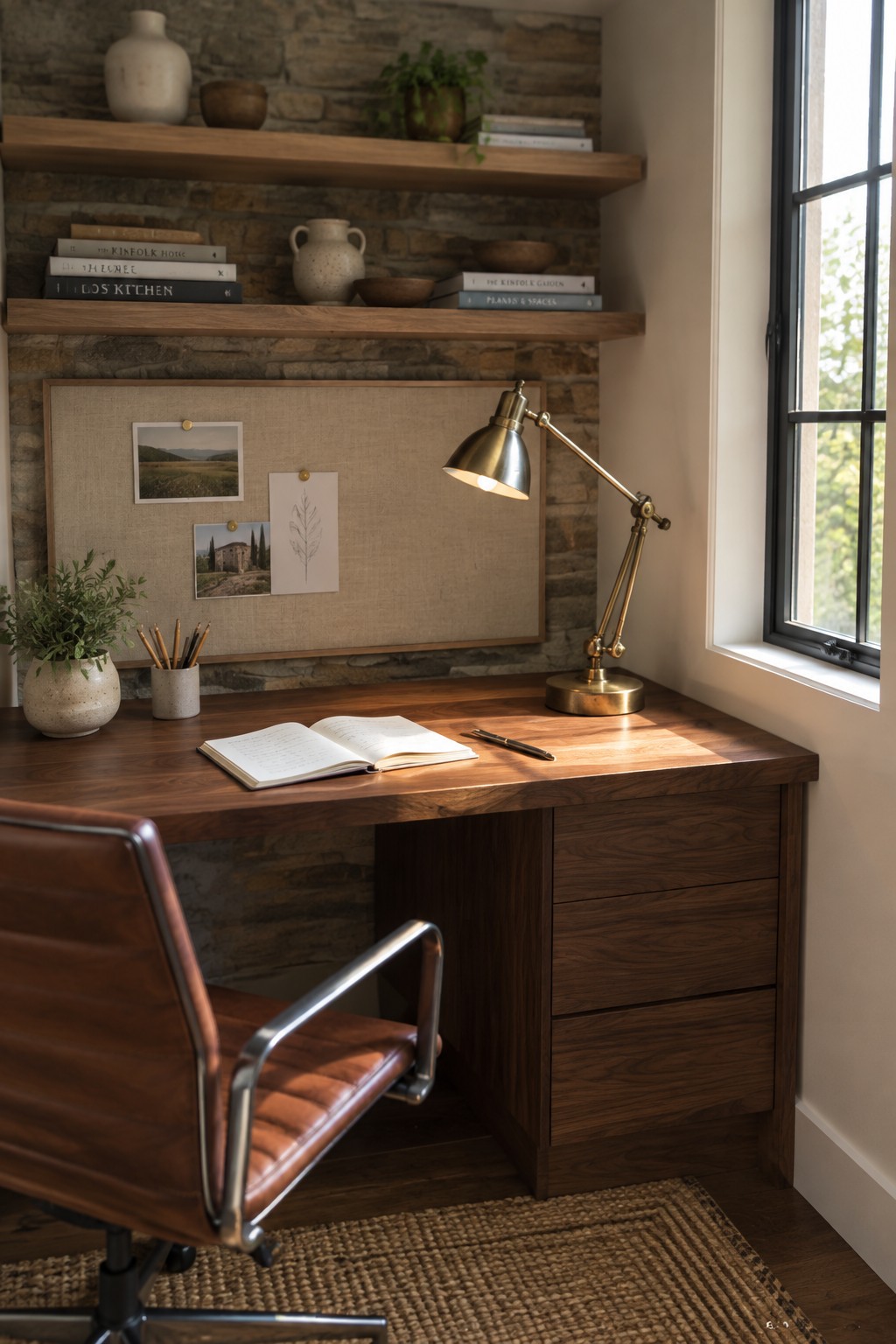 A wooden desk with an open notebook, brass desk lamp, and brown leather chair sits in front of a stone wall with wooden floating shelves.