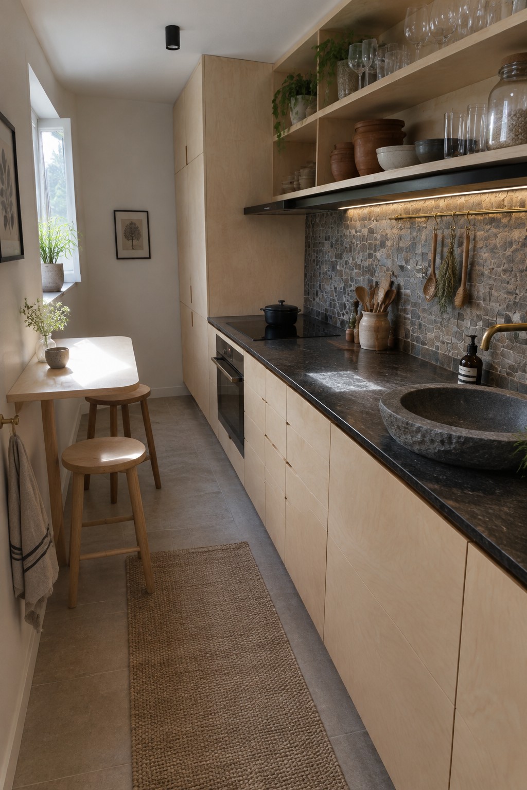 Narrow modern kitchen with light wood cabinets, dark stone counter, and dining stools