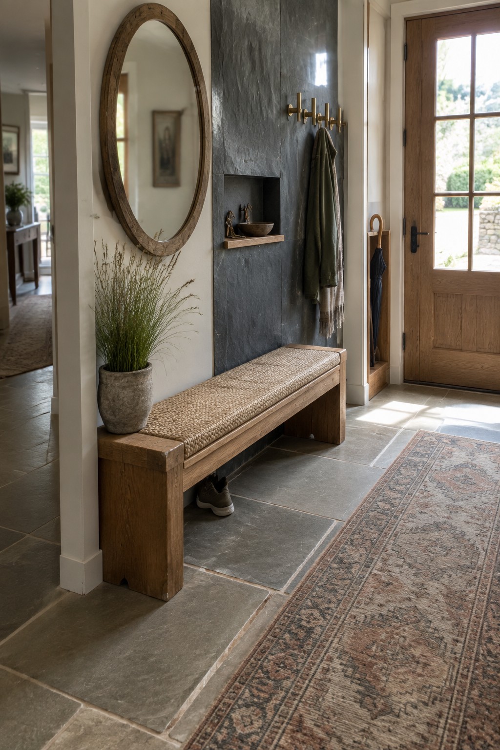 A wooden bench with a woven seat rests against a dark stone accent wall in a stone-floored entry, with a round wood mirror and brass hooks above.