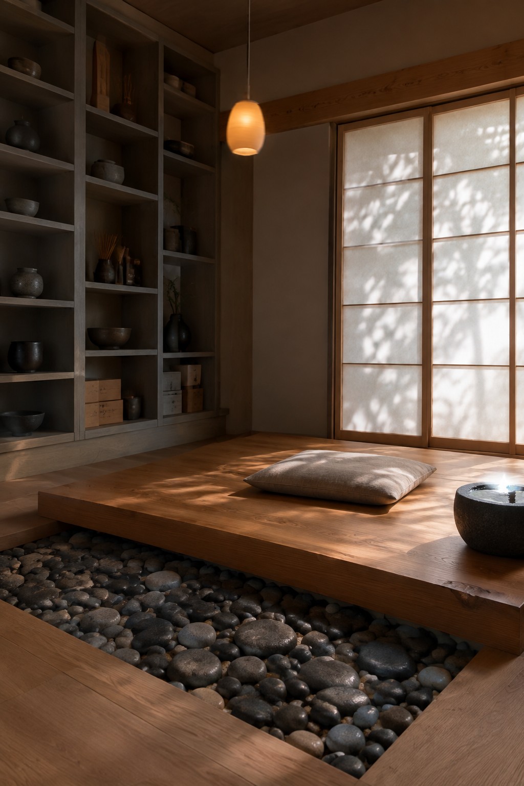 Japanese zen room with wooden platform, shoji screens, lantern, cushion, and pebble stones.