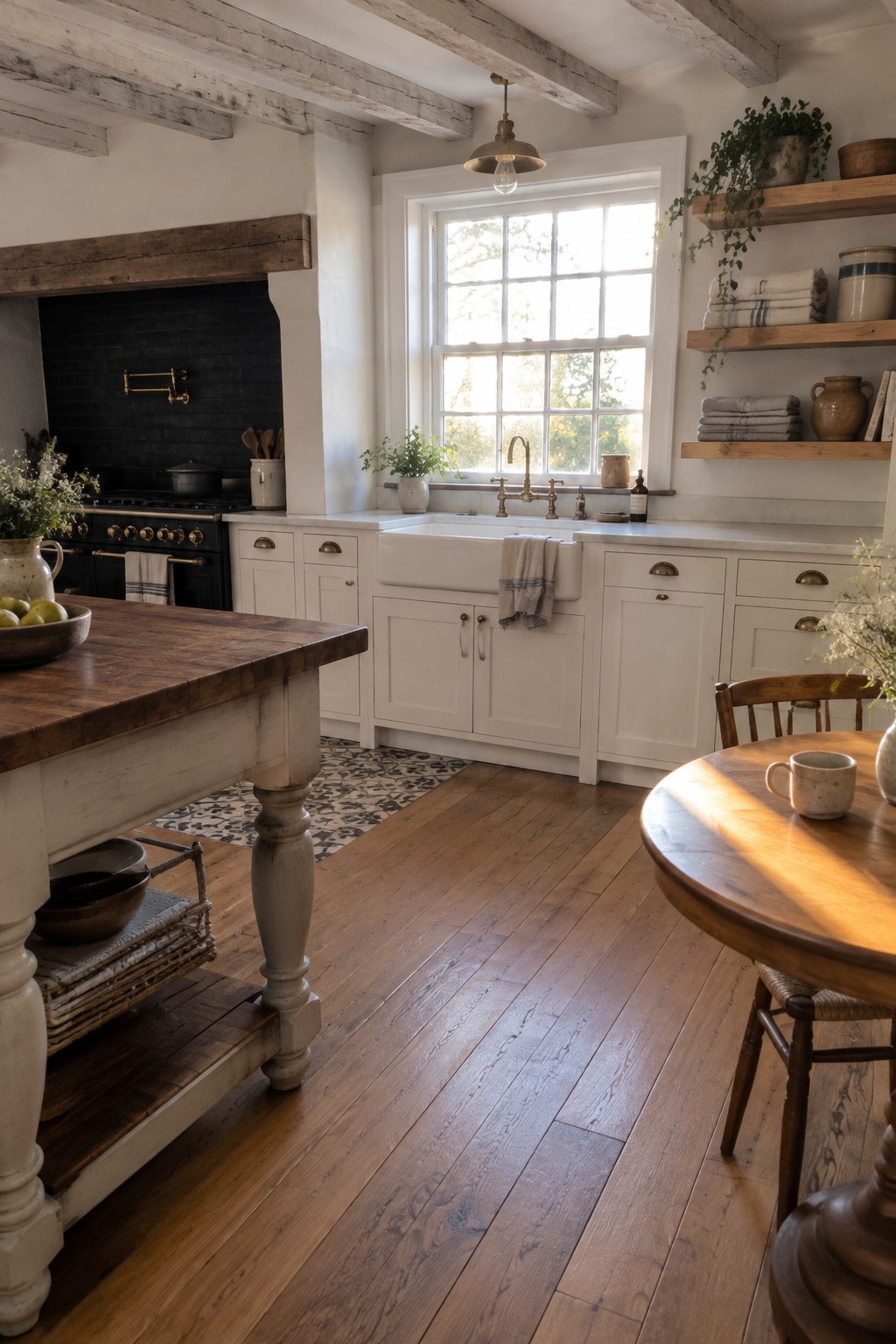 Rustic white kitchen with wooden island, farmhouse sink, and open shelving