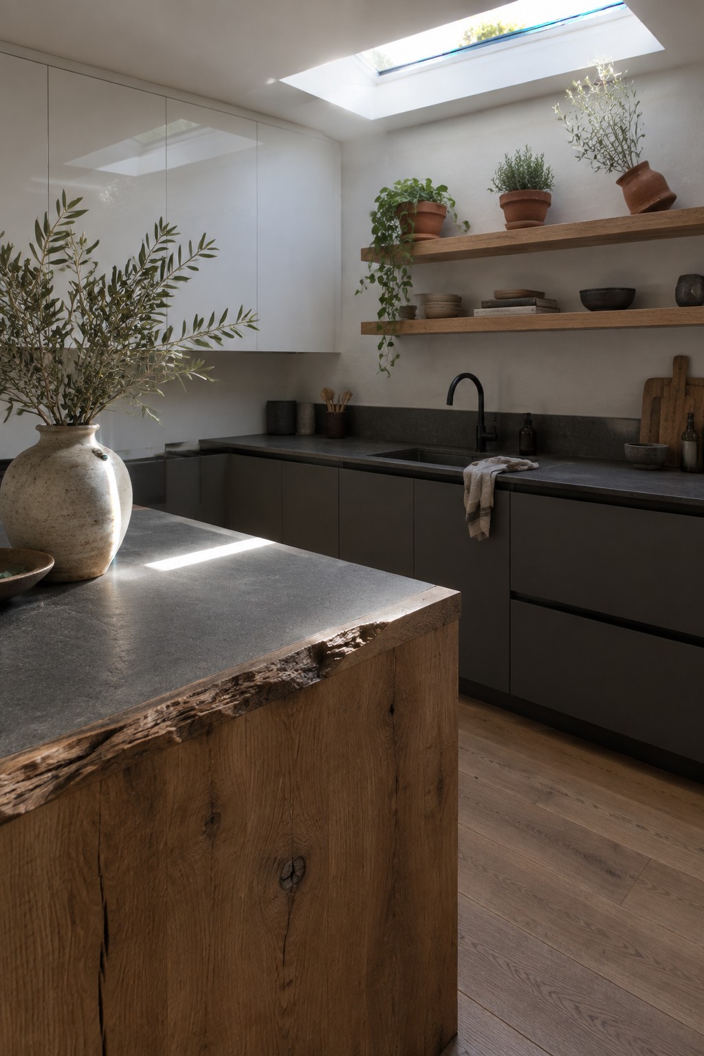 A kitchen with white upper cabinets, dark lower cabinets and counters, a live-edge wood island, wooden floating shelves with plants and ceramics, and a large vase of greenery on the island.